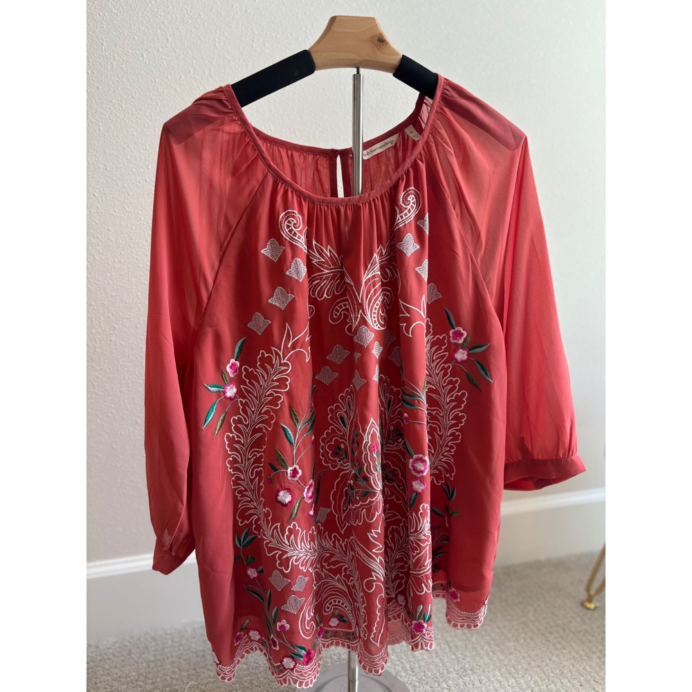 Soft Surroundings‎ Embroidered Blouse Womens XL Coral Boho Metallic Chiffon Top